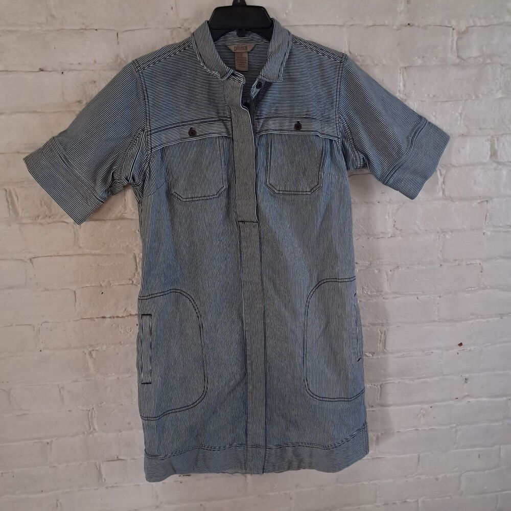 Duluth Trading Co blue white striped utility shirt dress Sz S Pockets Denim